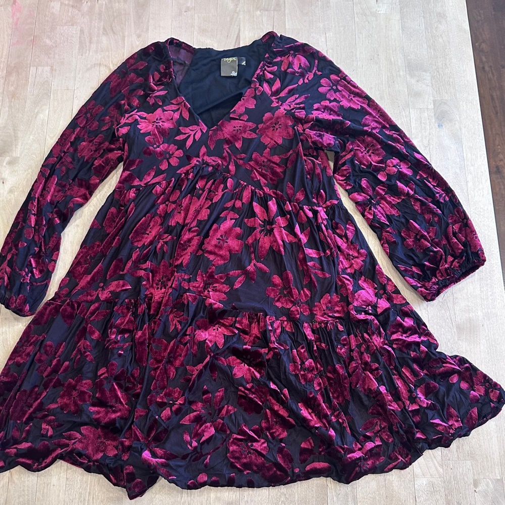 Taylor A-Line Skirt with Velvet Floral Design - Burgundy and Black